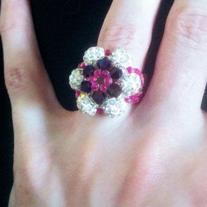 Boho Retro Shamballa /Disco Ball Flower Handcrafted Beaded Ring   Size 6-7
